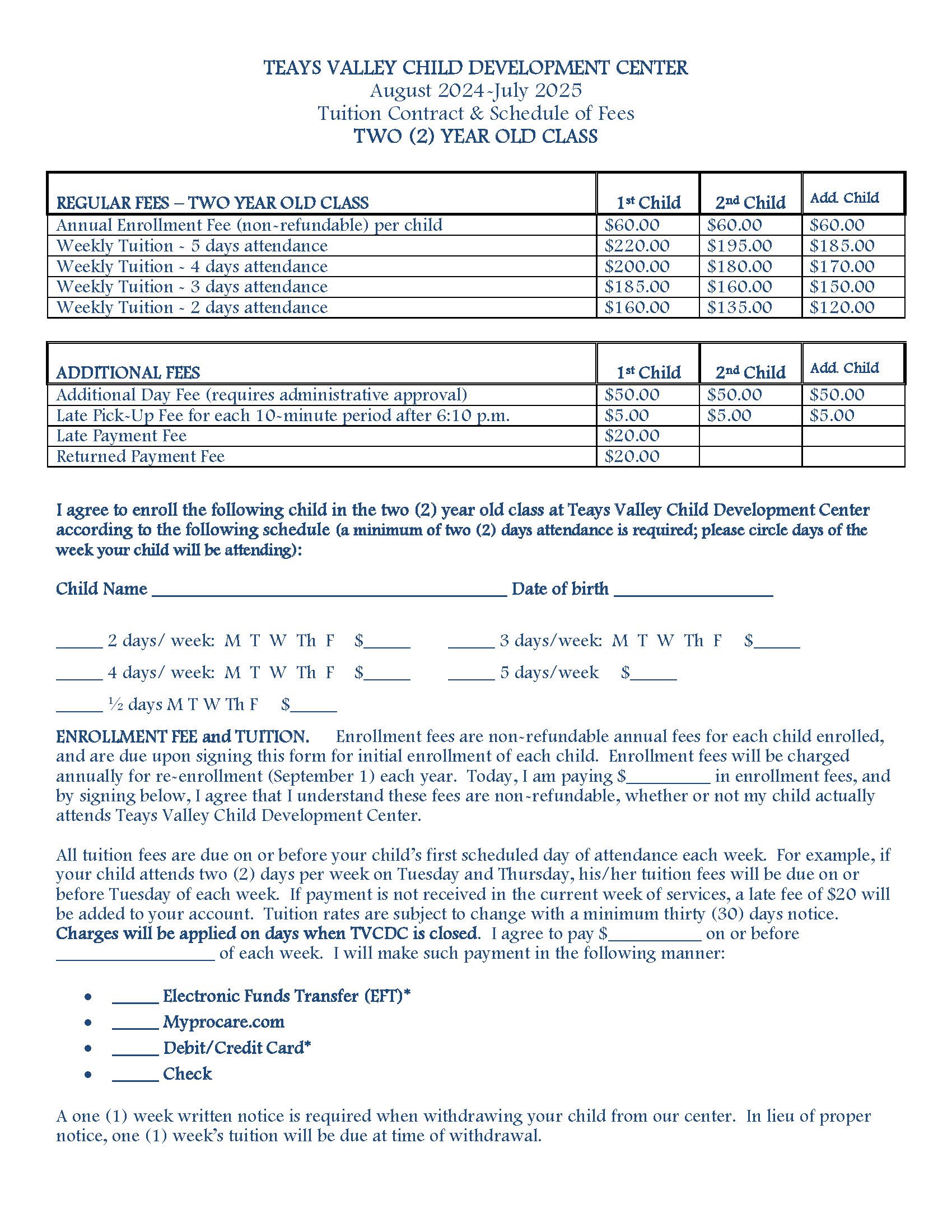 Fees for 2 Year Olds Teays Valley Child Development Center